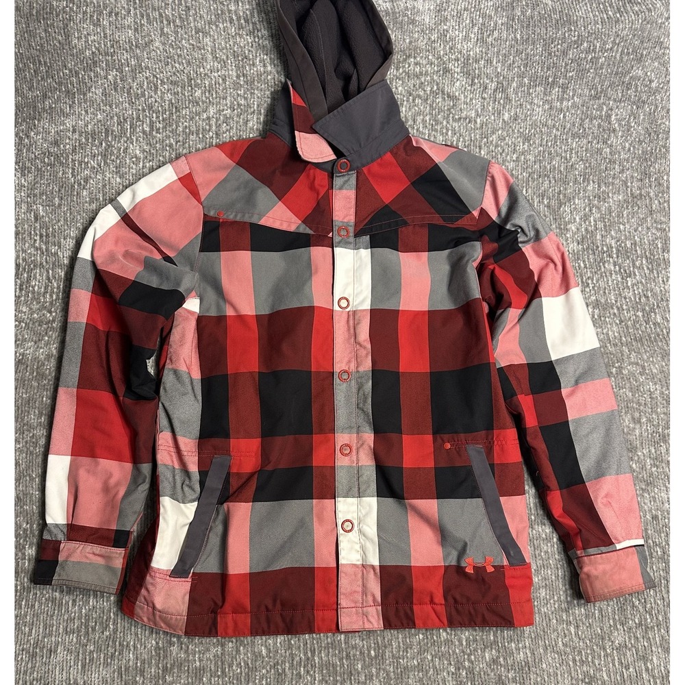 Under Armour Men's L Hooded Lined Plaid Anorak Jacket Red White Black Gray